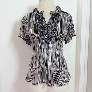 Allison Taylor Women’s Black White Abstract Print Notch Neck Ruffles Blouse